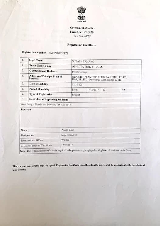 Certificate GST registration Gov of India