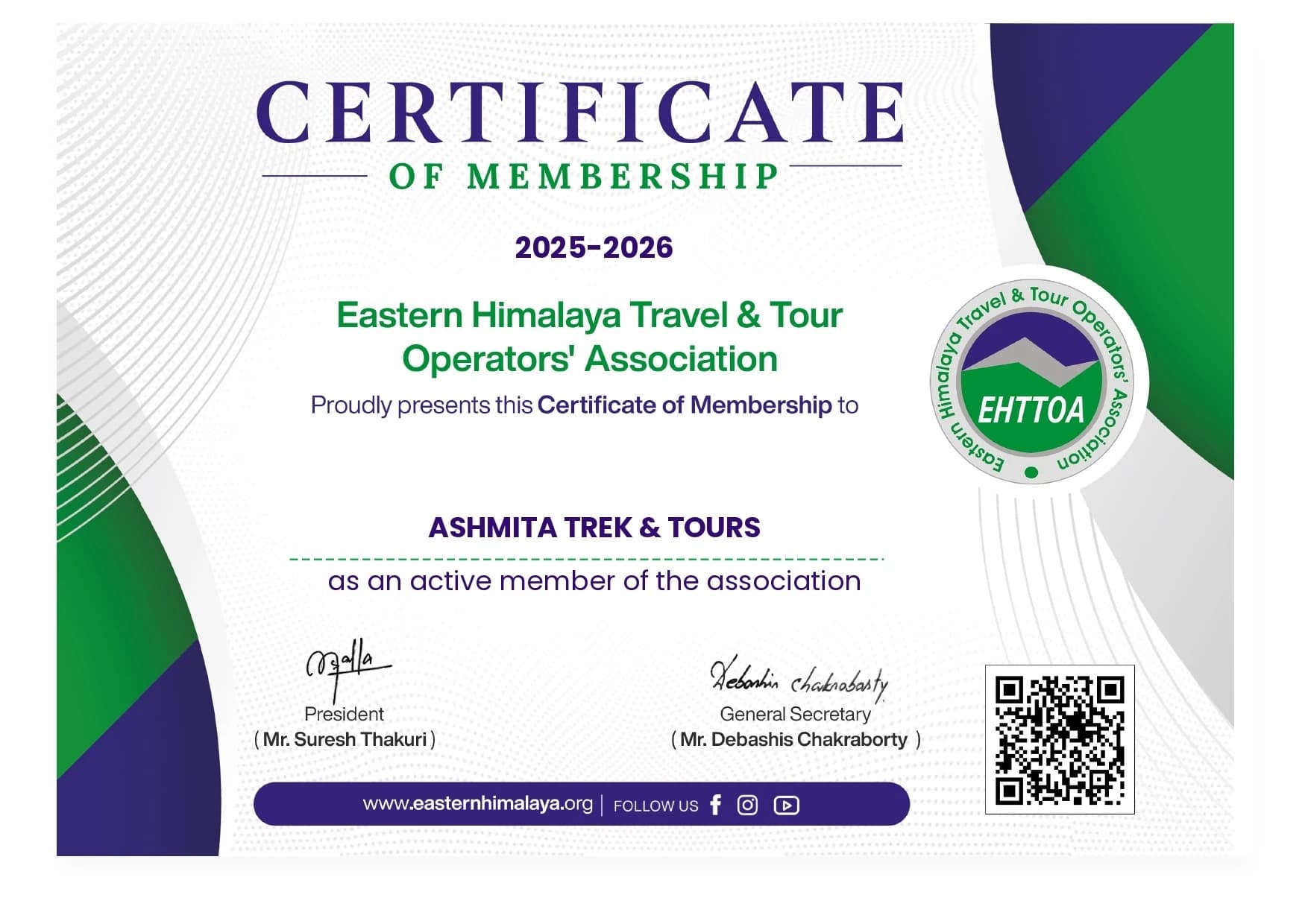 Membership Certificate (Eastern Himalayas Travel and Tour Operators' Association)