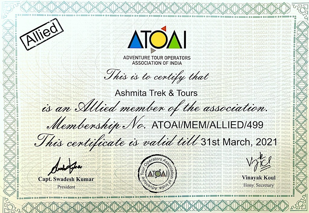 Membership Certificate ( Adventure Tour Operators Association of India )