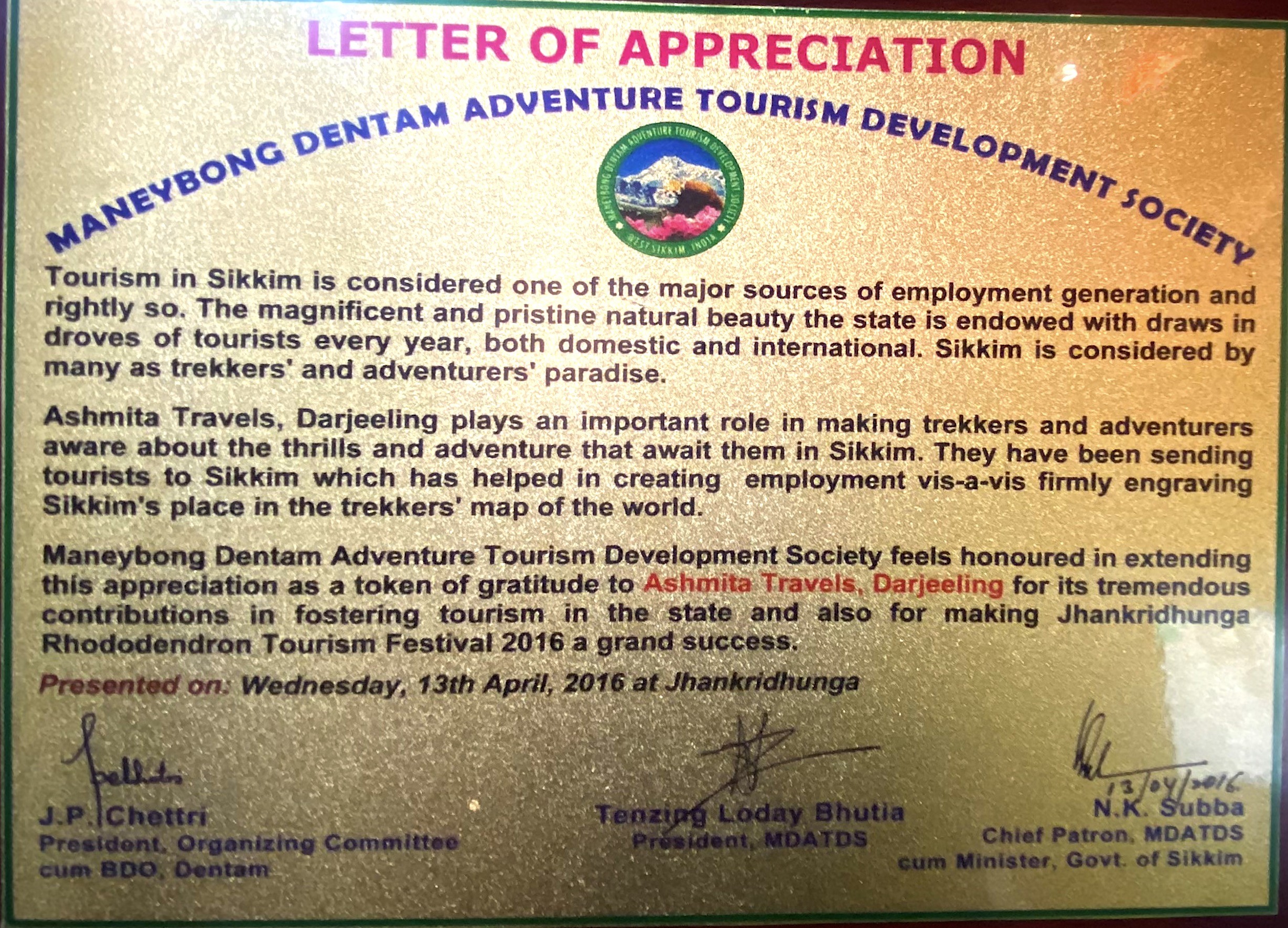 Letter of Appreciation for Adventure Tourism in Sikkim